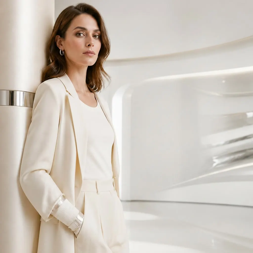 The ALIX Woman – Editorial-Kampagnenmotiv in Ivory und Champagne vor geschwungener Liquid-Chrome-Architektur